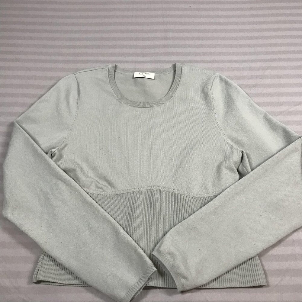 Aritzia Babaton Sweater Womens XL Sage Green Ribbed Peplum Long Sleeve Crewneck